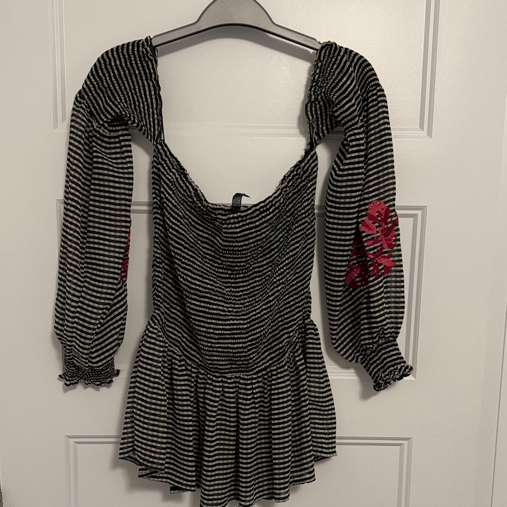 Elegant Striped Blouse with Floral Accents